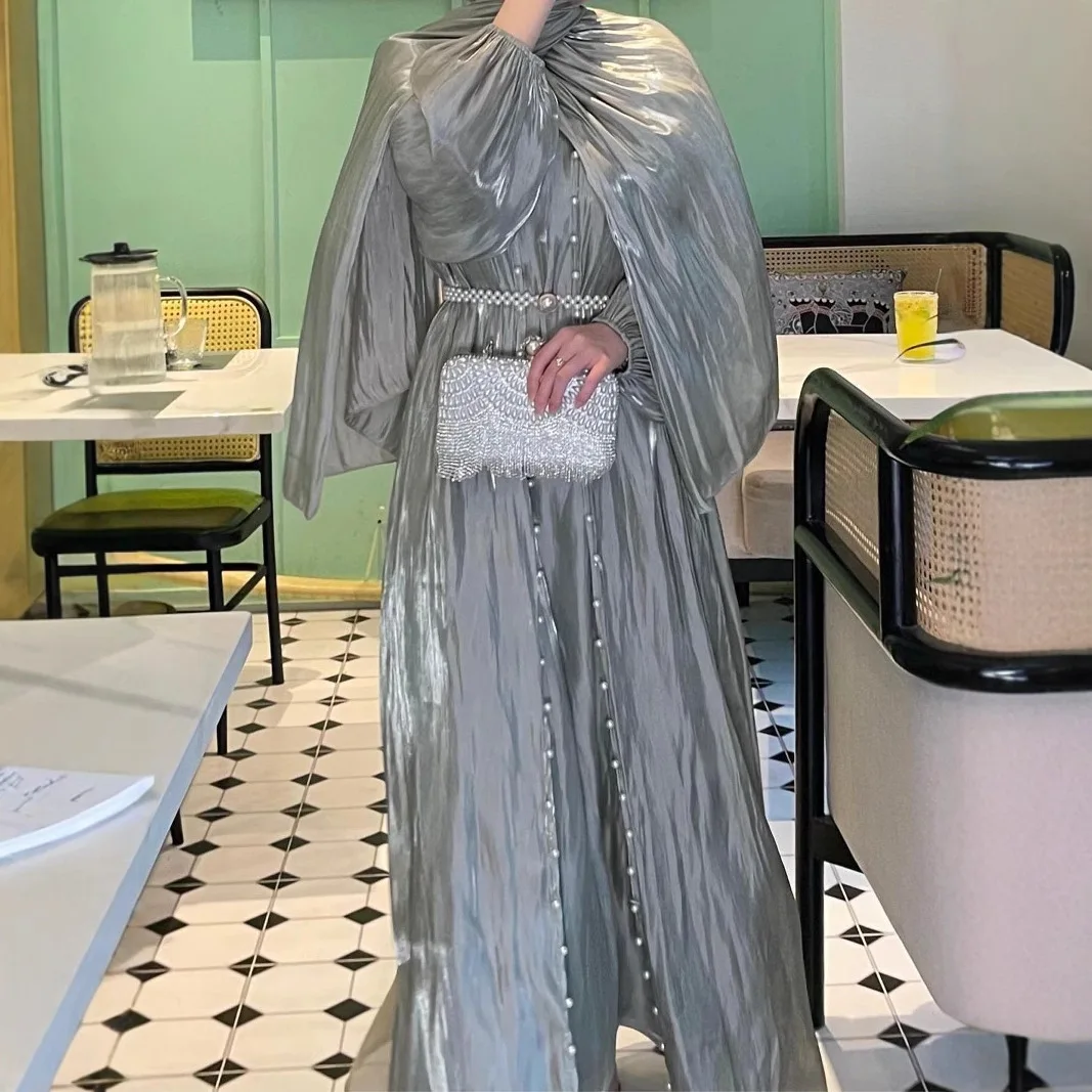 

three-piece women's clothing Muslim set dress robe Abaya Satin Solid Color Elegant Loose Abaya