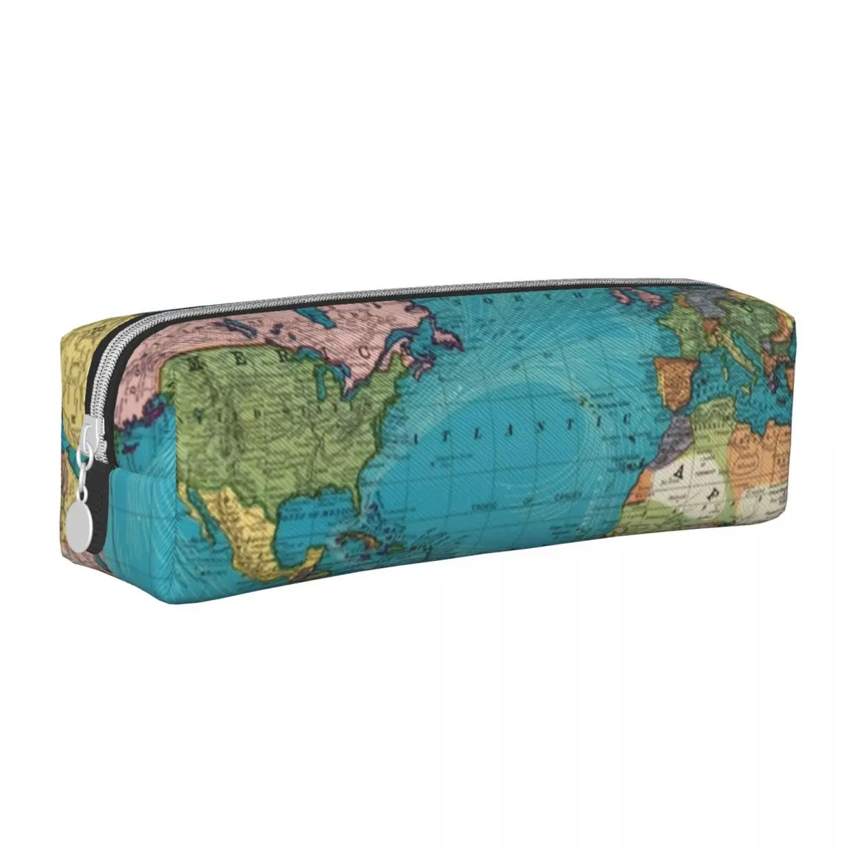 Vintage Map Print Square Pencil Case The World 1897 Teenager Kawaii Leather Pencil Box Elementary School Zipper Pen Bag