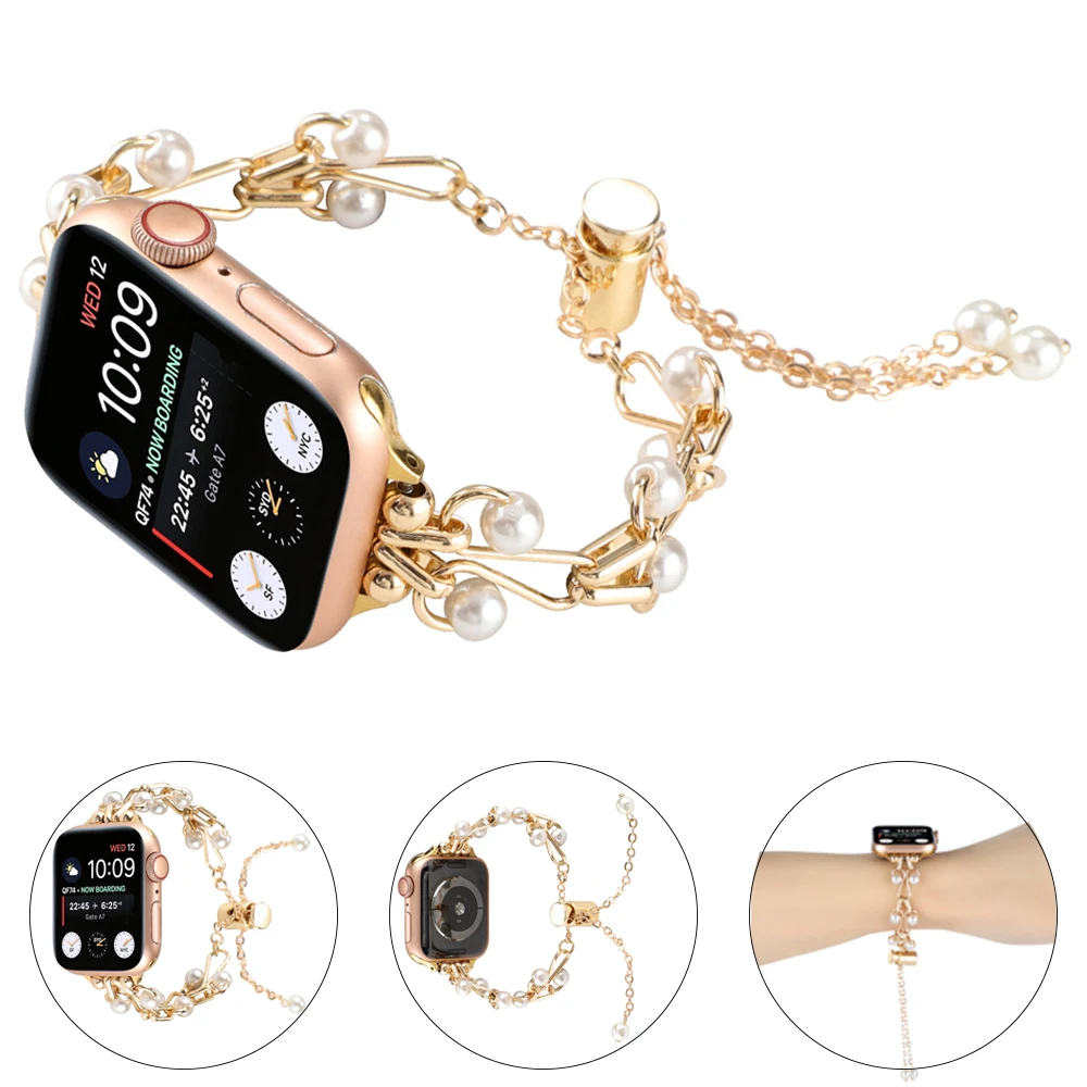 Correa de Metal con perlas de lujo para Apple Watch, pulsera Ultra de 49mm, 44mm, 40mm, 45mm, 41mm para mujer, iWatch series 7 3 SE 6 8