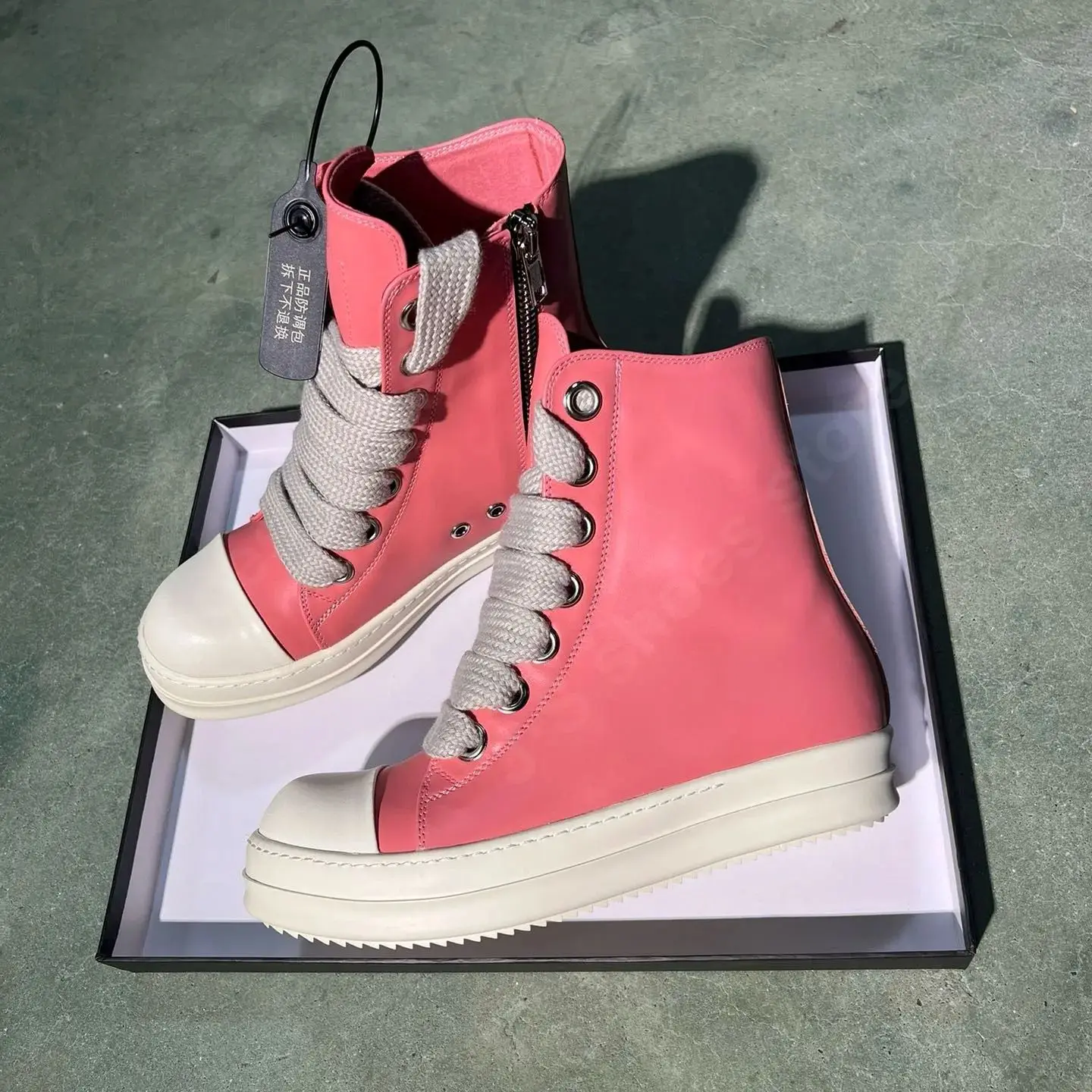 

RO Brand Ricks Men Shoe Women Pink Leather Shoes Owens Ankle Boot High Top Sneaker Luxury Jumbo Laces Boots Casual Cowhide Shoe