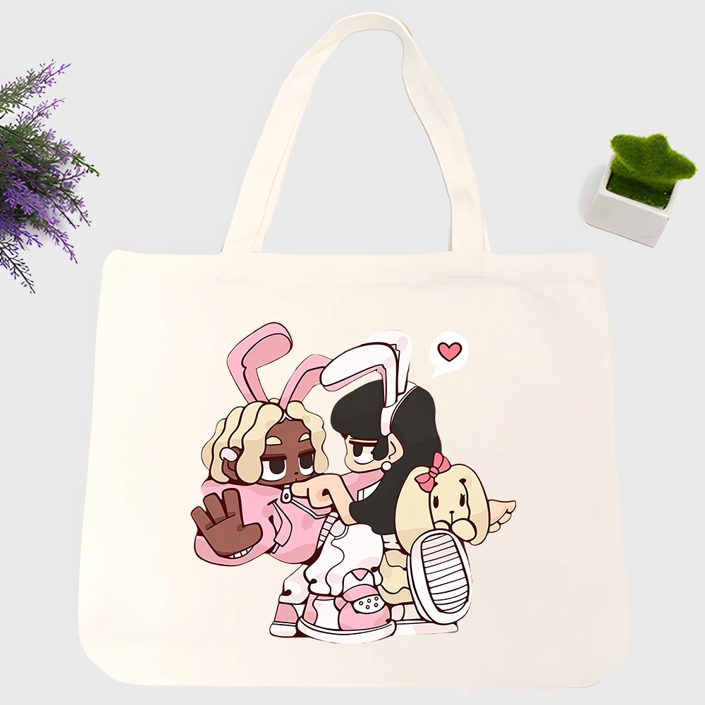 Women's canvas tote bag with cartoon bunny girl graphic, casual style for daily shopping and weekend outings