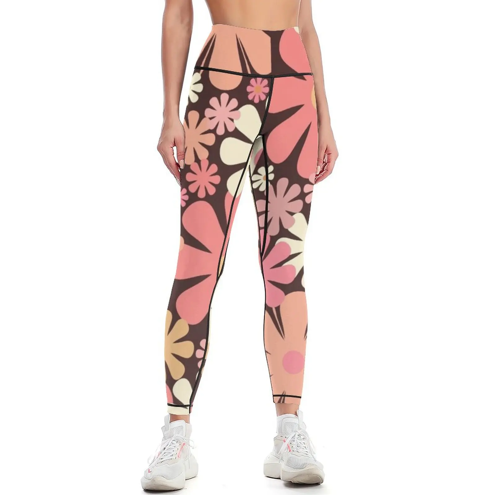 

Vintage Aesthetic Retro Floral Pattern in Blush Pink and Brown 60s 70s Style Leggings sporty woman gym Womens Leggings