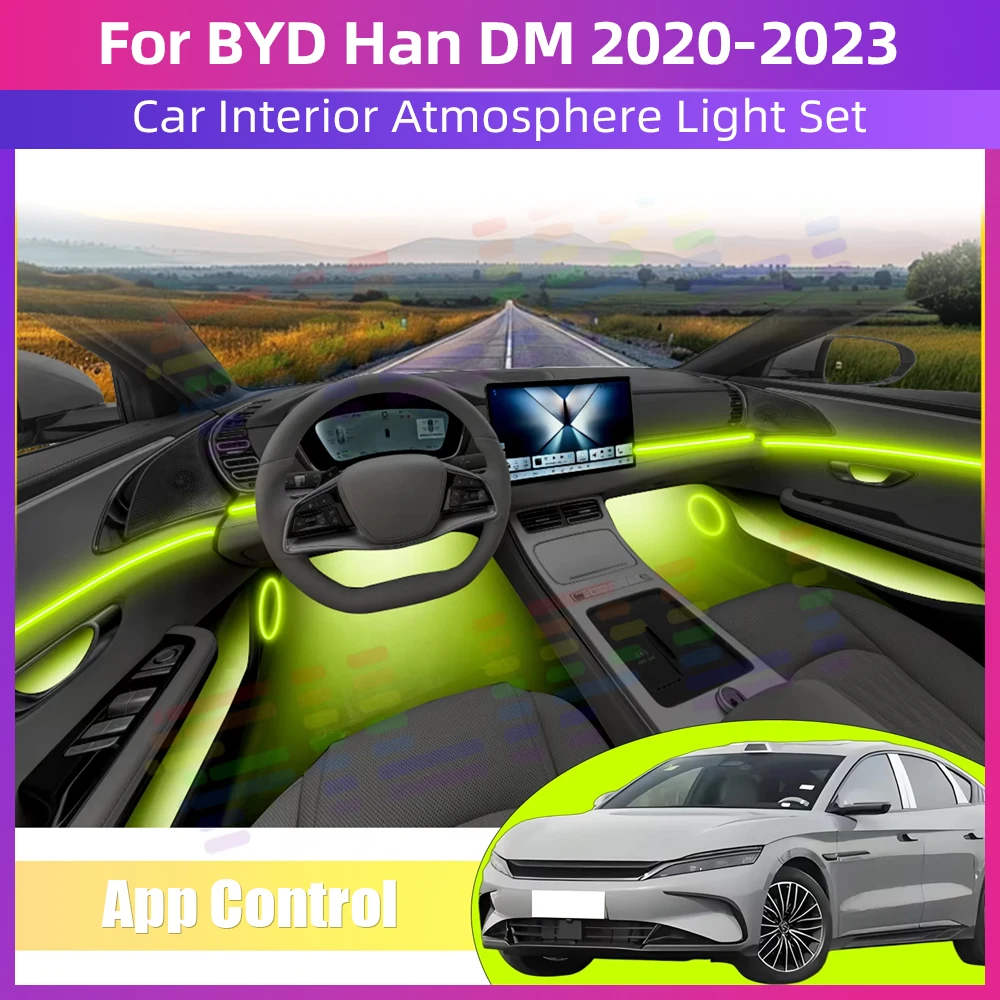 

Комплект атмосферной подсветки для автомобиля 64RGB с управлением через приложение, светодиодная скрытая акриловая лента для интерьера, подходит для BYD Han DM 2020-2023