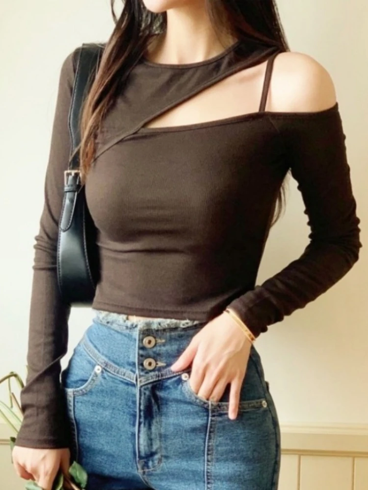 2026 Summer New Hollow Out Off Shoulder Women T-shirt Long Sleeve Tee Sexy Bandage Y2K Crop Top Figure Flattering Cute Chic Tee