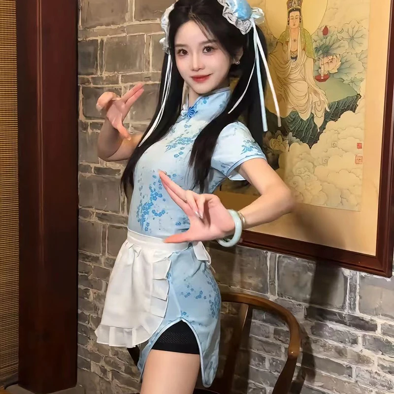 Cheongsam chinês Lolita empregada traje de cosplay para meninas, uniforme bonito, vestido rosa, boneca chinesa, dramatização, roupas fofas