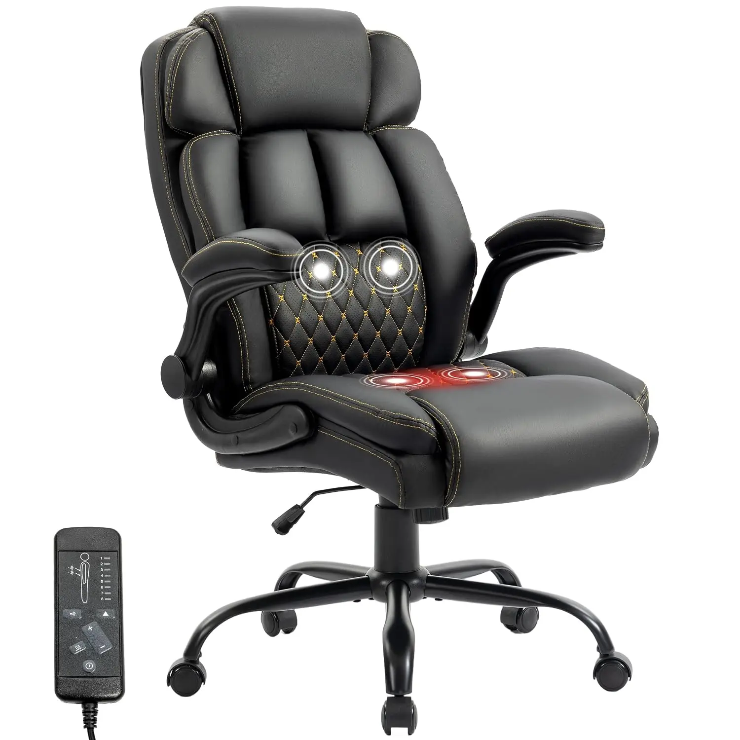 Massage Office Chair,500LBS Ergonomic Rocking Executive Desk Chairs with 4 Points Vibration&Heat,Padded Flipup Armrests