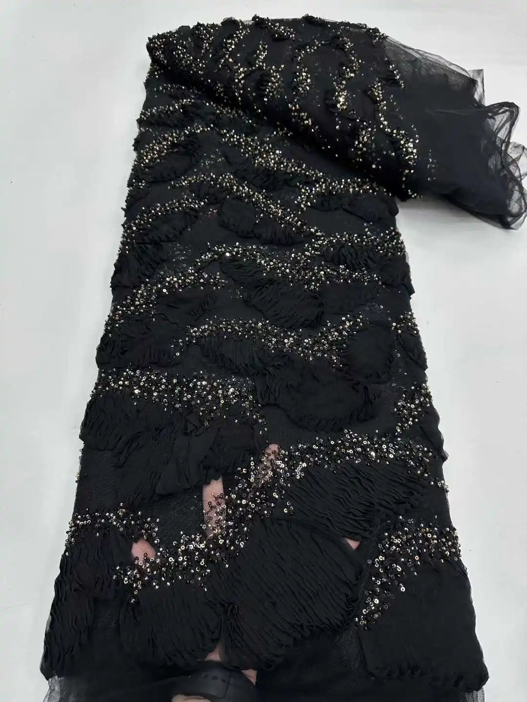 

African Nigerian Groom Lace Fabric With Sequin,Hig-End Luxury Embeoidery,Heavy Fabric For Wedding Dress Party,Black