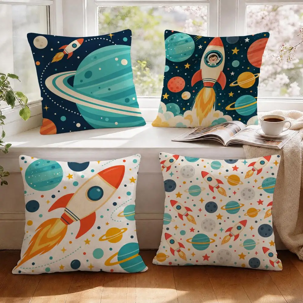 Space Rockets Futuristic Cushion Cover 1/4Pcs Linen Throw Pillow Covers Double-Side Print Sofa Couch Living Room Decor