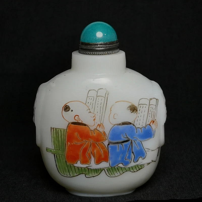 YIZHU CULTUER ART Size 3.2 Inch Chinese Old Beijing Glaze Hand Painting Adorable Boy Lad Snuff Bottle