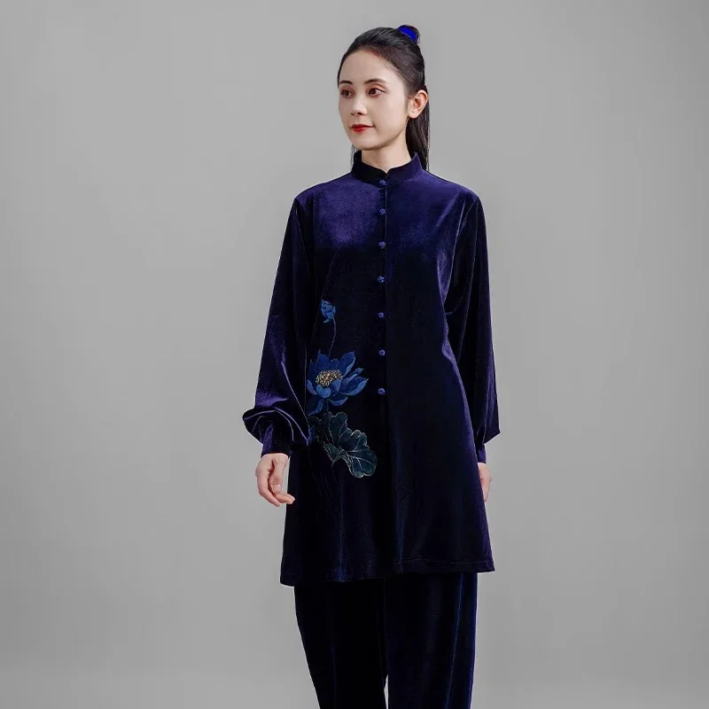 Kun Master Thicken Velvet Taichi Uniform Elegant Winter Martial Arts Suit Embroidery Kung Fu Clothes Taiji for Women