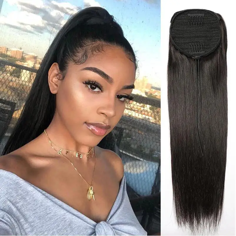 Straight Ponytail Human Hair Brazilian Pony Tail Hairpieces For Women Clip In Hair Extension Ponytail Natural Color Horse Tail