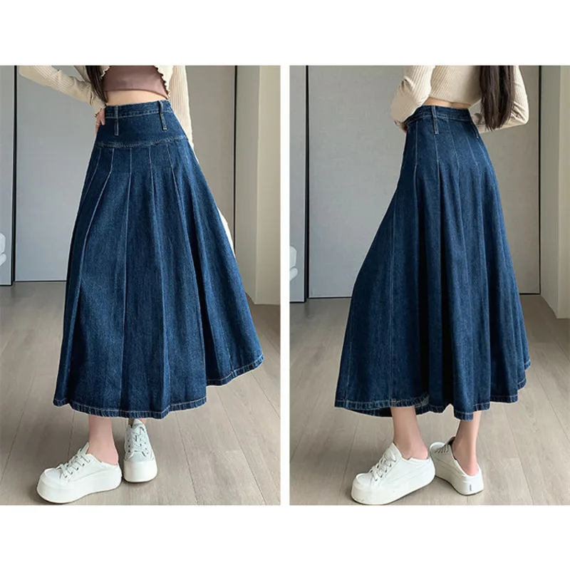 Chic Pleated Jeans Skirts Autumn Vintage High Waist Long Washing Ladies Straight Women Loose Denim Midi Skirts