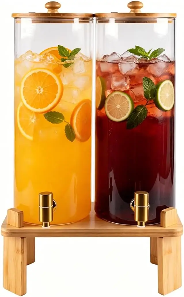2-Gallon Beverage Dispensers, Set of 2 (4 Gallons Total), Large Glass Drink Dispensers with Bamboo Wood Stand and Spigots for Parties, Water Dispensers, Juice Containers, Water Pitcher and Lemonade Dispenser