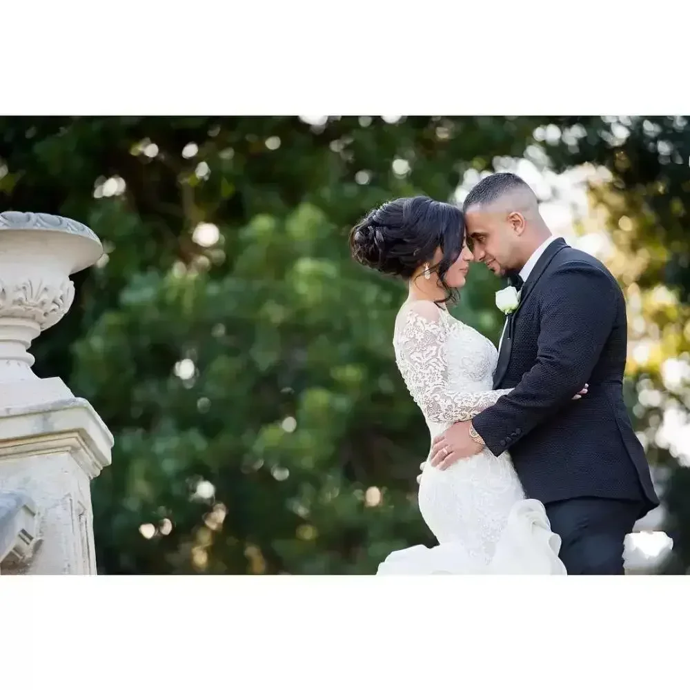 تخصيص زائد حجم أزياء حورية البحر فستان الزفاف وصول الدانتيل كم طويل مسلم رومانسية يزين الكشكشة G #2