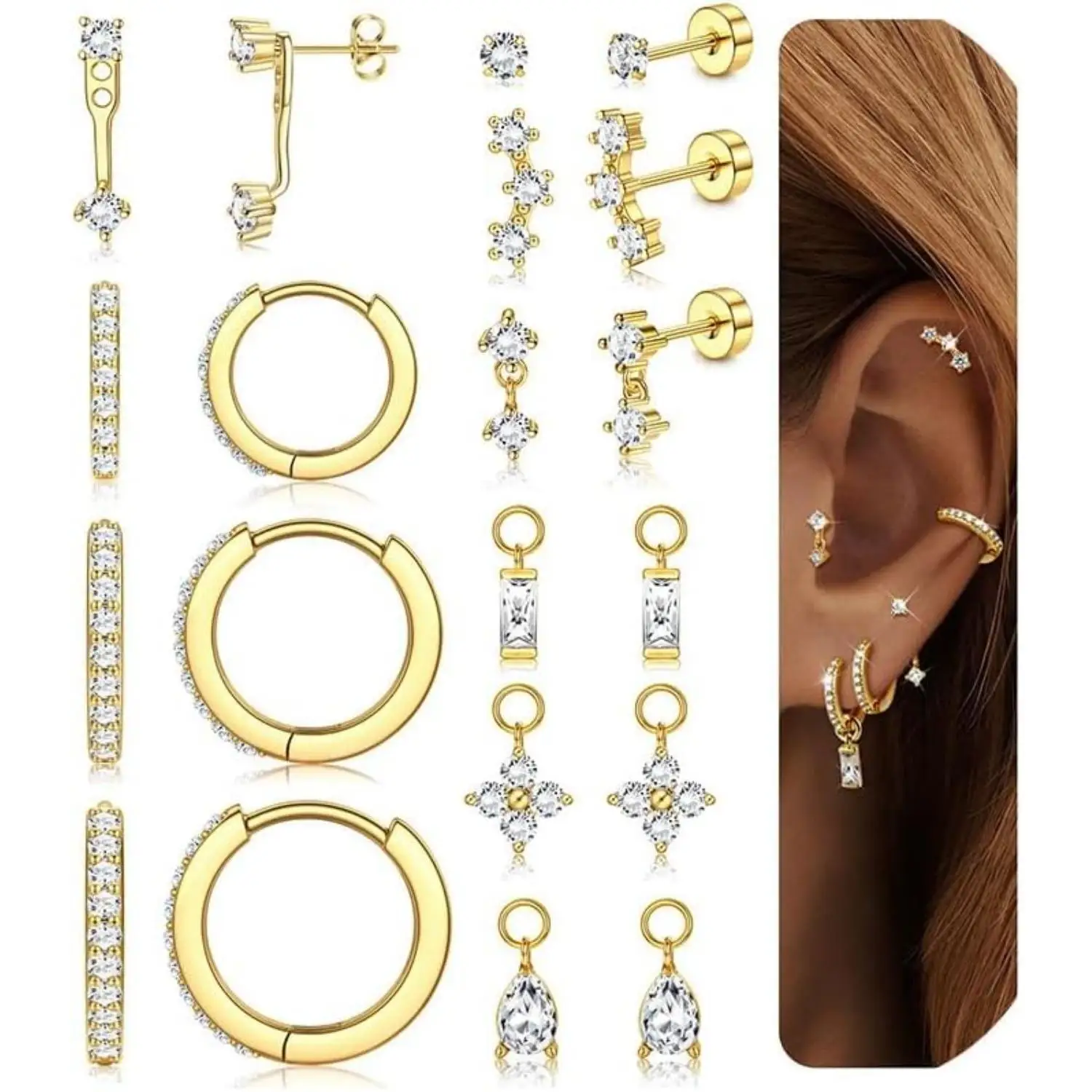 10 pares de pendientes chapados en oro de 14 quilates con parte posterior plana para mujer, conjunto de pendientes de cartílago de aro CZ, joyería para Piercing del trago de concha de hélice