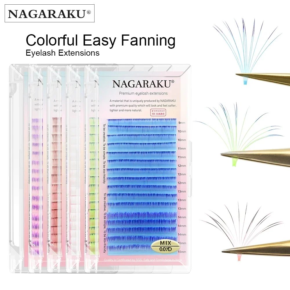 

NAGARAKU Color Easy Fanning Eyelash Extension Auto Fans Eyelashes Ombre Blue Pink purple Mix 9-15mm 16 Lines Mega Volume