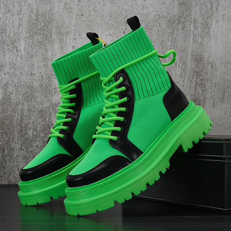 

Street Style Thick Sole Man Fashion Sock Boots for Men Breathable Height Increased High Top Male Platform Boots Green Black