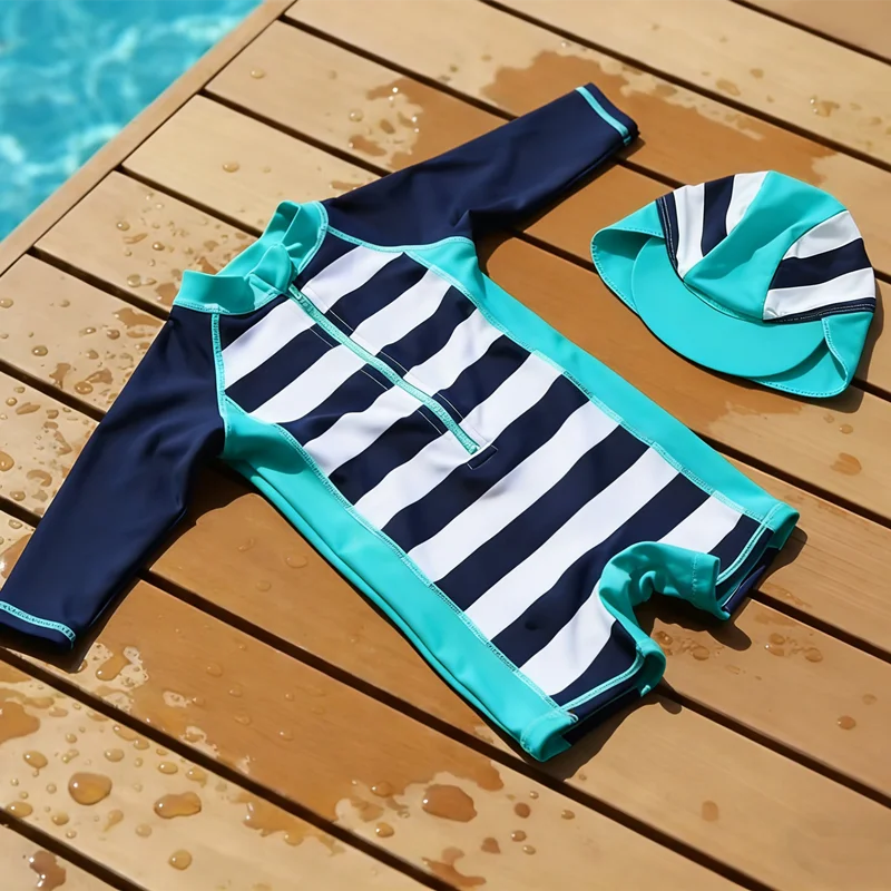 Wishere Baby Boy Nautical Pattern Full Print Long Sleeve Onesie Swimsuit with Hat Infant Swimming Suit Set