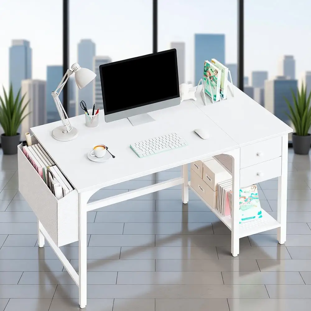 مكتب كمبيوتر حديث مدمج مقاس 40 بوصة مع أدراج للمساحات الصغيرة، مكاتب كمبيوتر مثالية لطاولة الكتابة في المكتب المنزلي