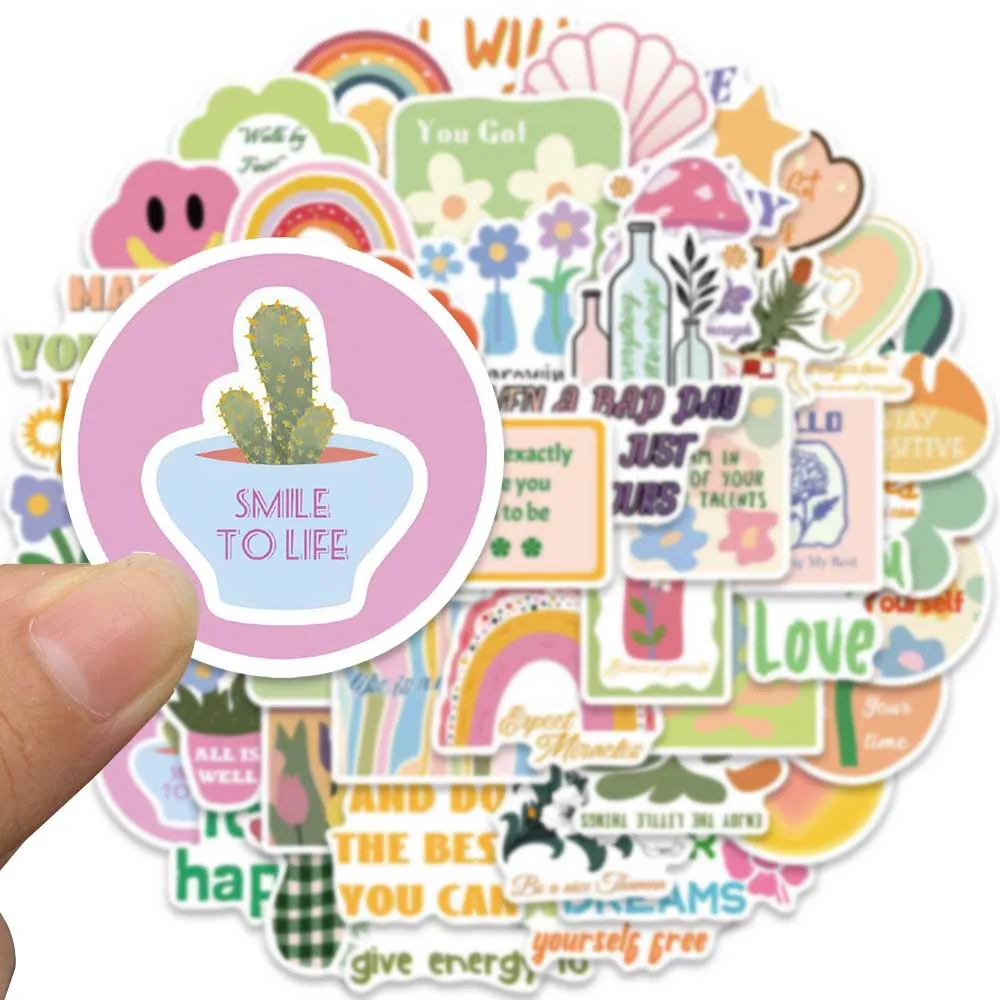 50pcs Cute Cartoon Fresh Danish Pastel Motivational Phrases Stickers Vinyl Laptop Decals Guitar Luggage Phone Diary Graffiti