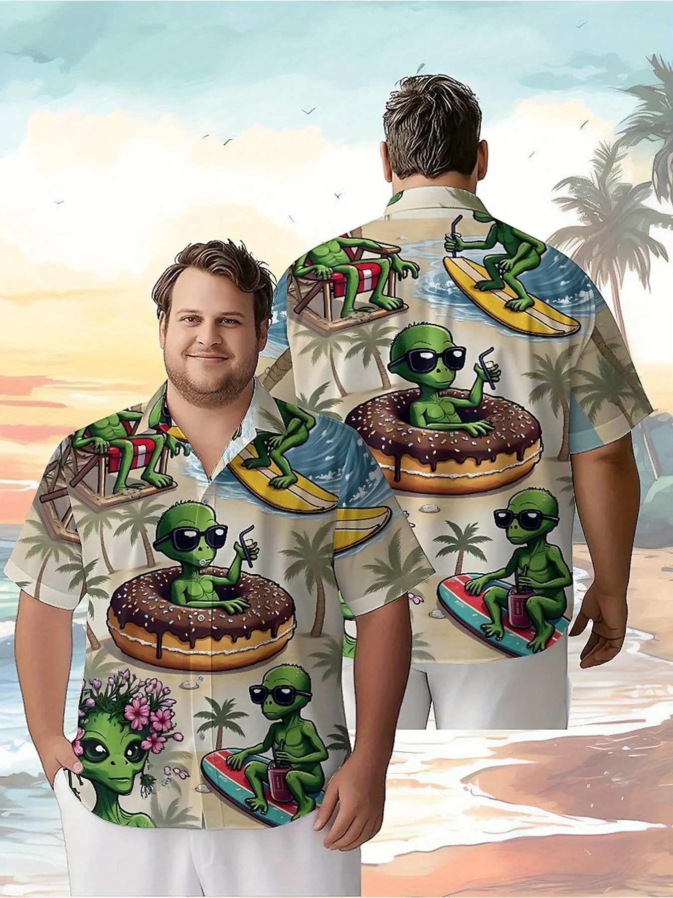 

Men's Plus Size Hawaiian Shirts Sasquatch and Alien Beach Party pattern, Summer Casual Tops, Suitable for Outdoor and Party
