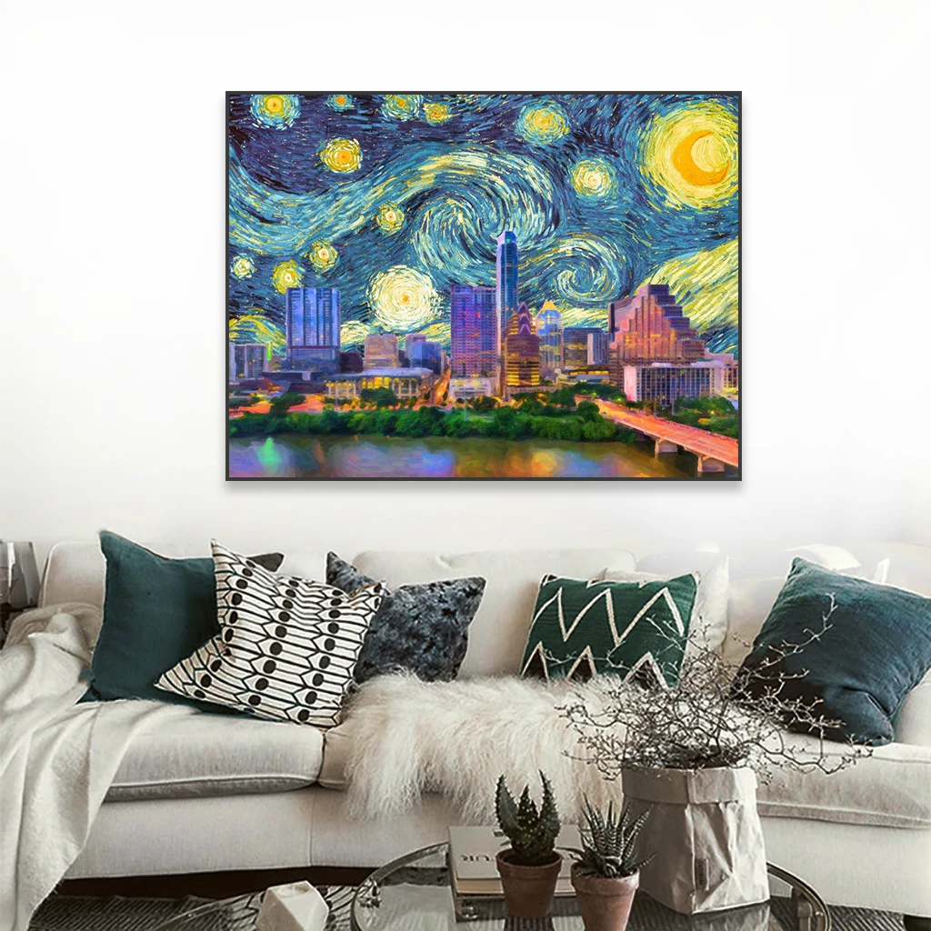 Van Gogh Starry Night Print Poster Austin Skyline Poster Oil Painting Prints Texas Wall Art Canvas Painting Living Room Decor