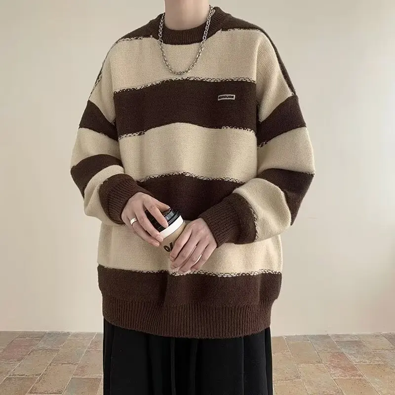 

Men's Bla White Striped Knitwear Loose Casual Versatile Sweater Autumn Winter New Sle Retro Japanese Loose Fit Comfortable