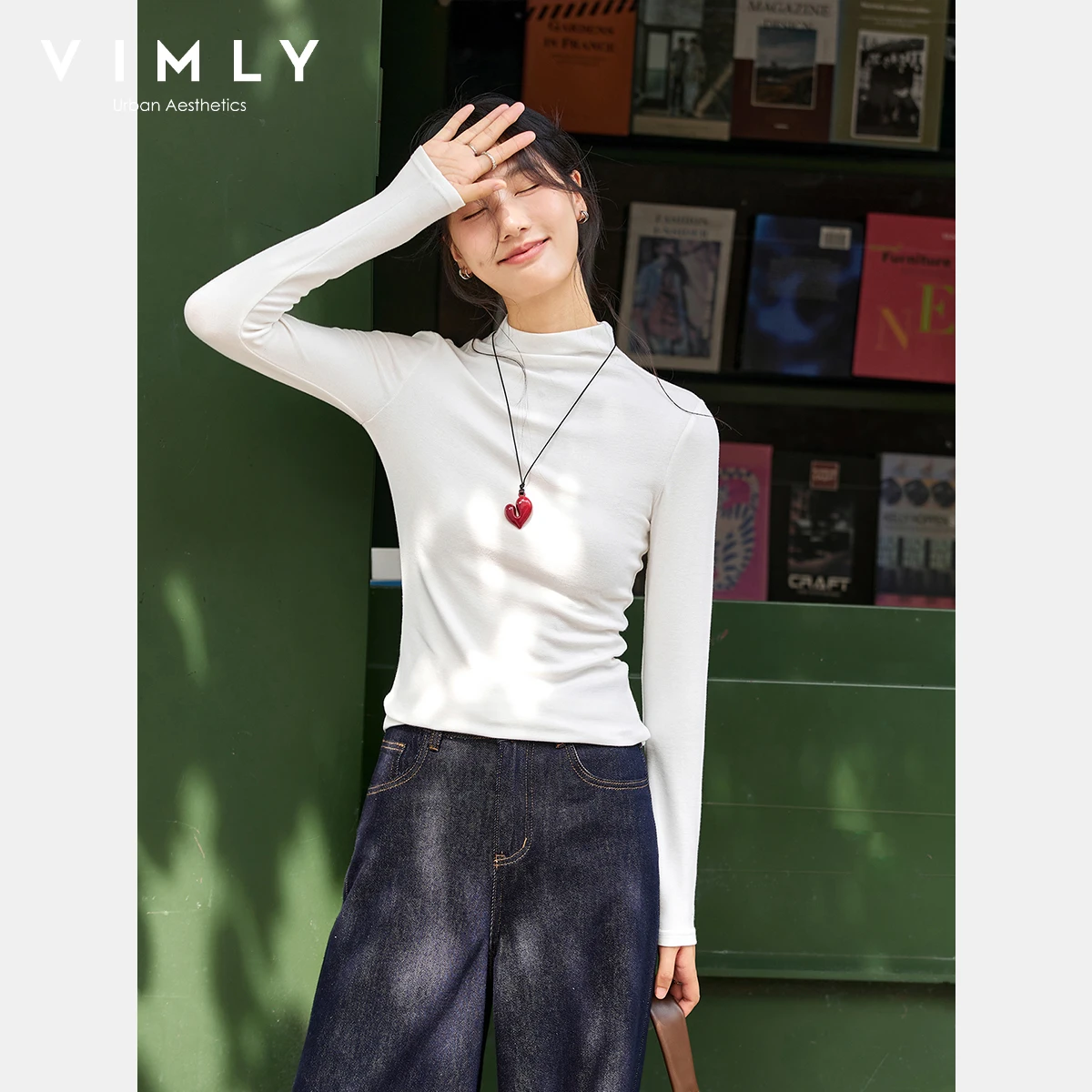 

VIMLY белая футболка Femmes, тонкая повседневная женская футболка с длинным рукавом и воротником-стойкой, осень 2021, вязаная женская футболка с вышивкой и манжетами A2503
