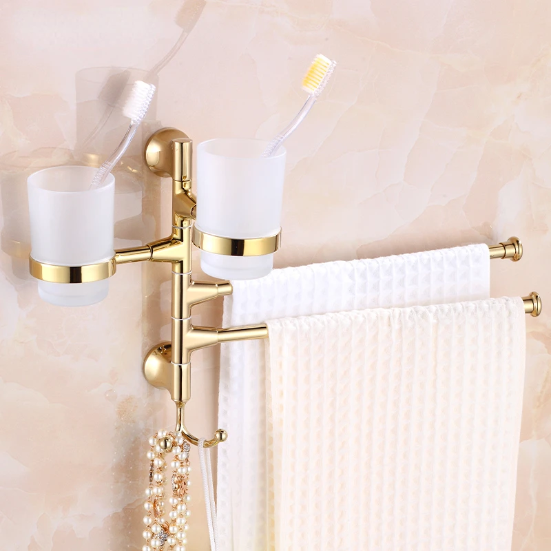 Golden Rotatable Towel Rack Bathroom Movable Towel Hanging Rod Double Rod Small Size Bathroom Storage Three Rod