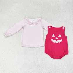 Wholesale Toddler Long Sleeves Pink Plaid Shirt Embroidery Pumpkin Romper Children Kids Halloween Outfit Baby Girl Set Clothing