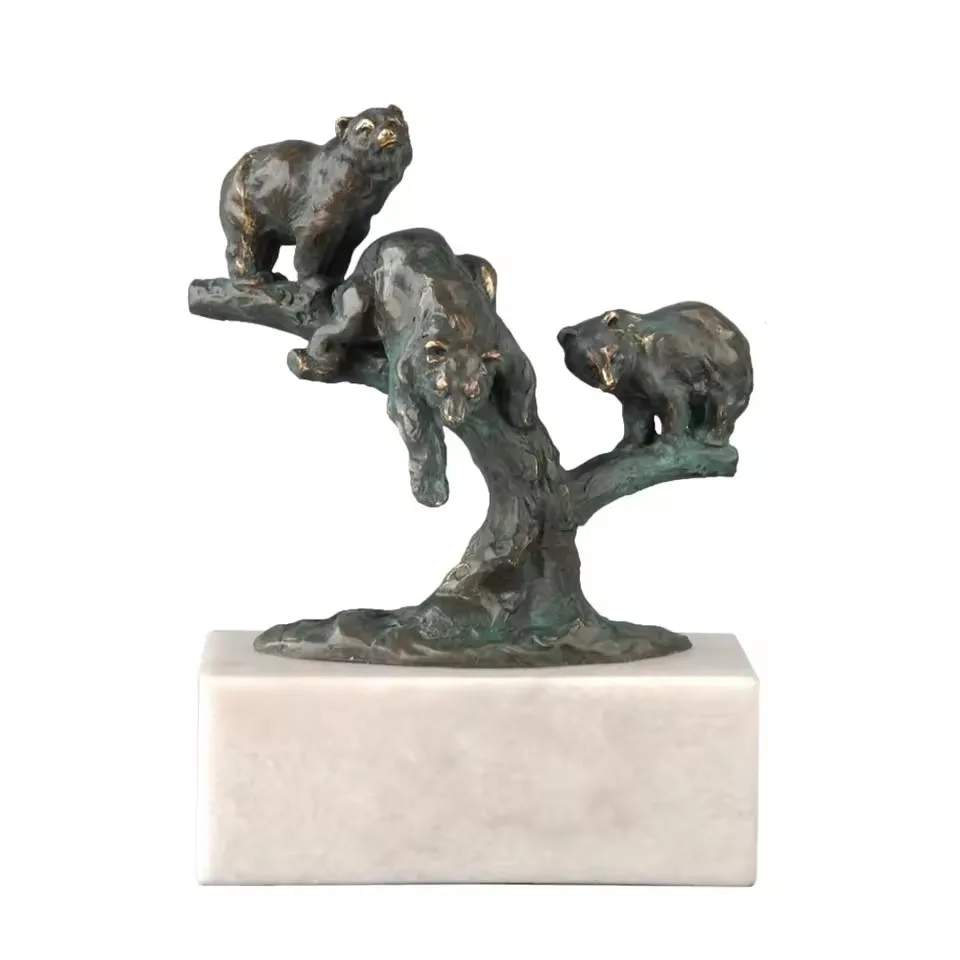 Bronze Little Bears on the Tree Statue Sculpture White Marble Base Wildlife Copper Figurine Statuette for Indoor Decor