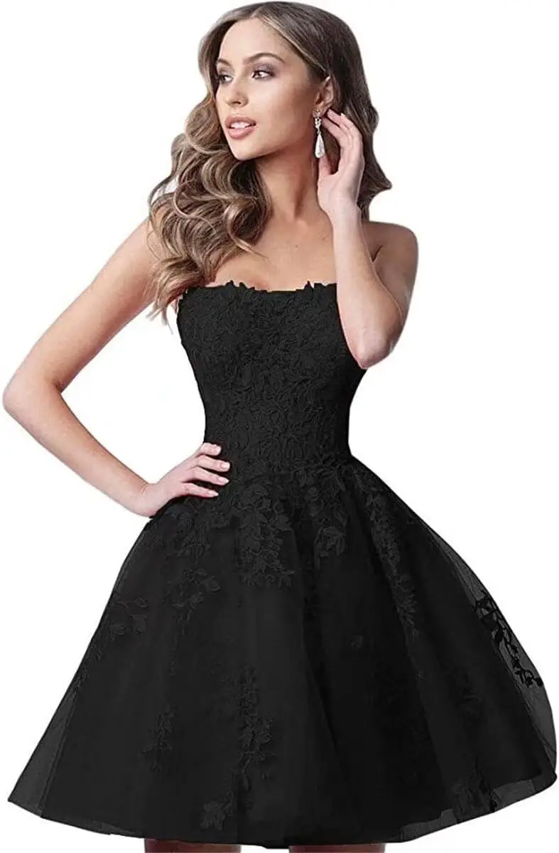 فستان شيفون دانتيل للعودة إلى المدرسة قصير، على شكل حرف A بدون حمالات بدون حمالات، فستان سهرة رسمي لحفلات الكوكتيل