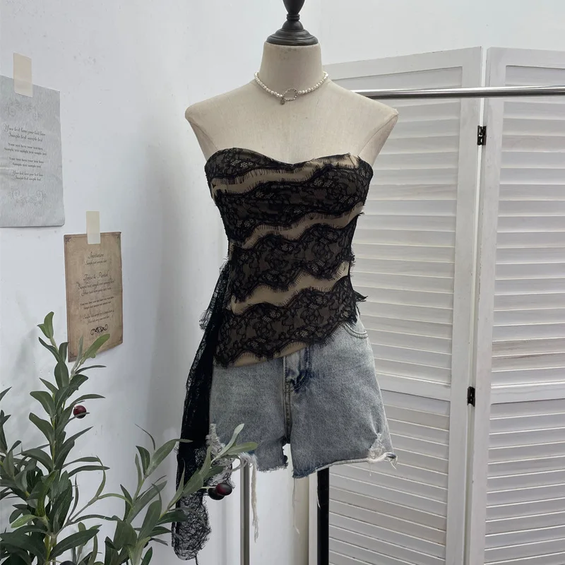 Lace Trim Ribbon Tie Bandeau Bra with Builtin Pads Non Slip Asymmetric Cropped Sleeveless Top Irregular Ruffled Outfits 23667