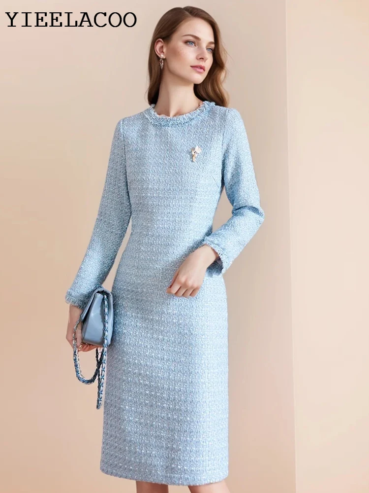 Blue Tweed Dress 2024 spring / autumn women\'s dress  tassel  slim  one-piece  Ladies Classic bottoming dress