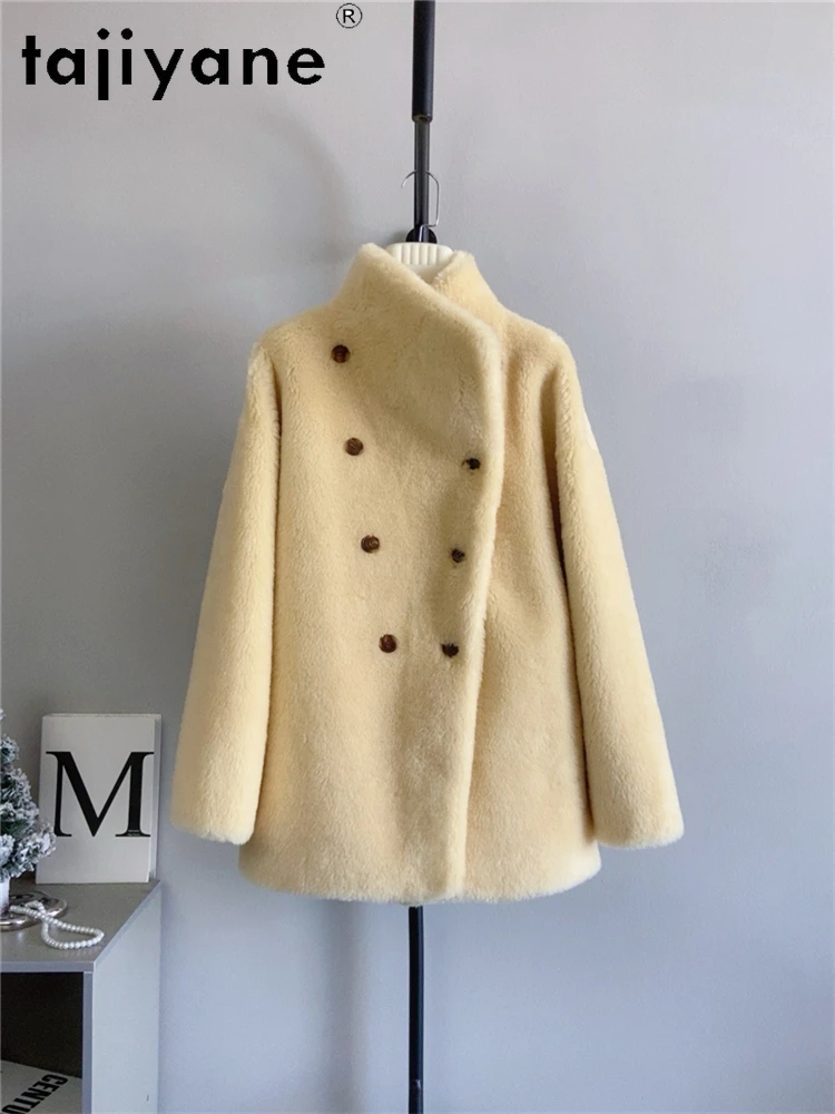 เสื้อโค้ทขนสัตว์แท้ 100% สำหรับผู้หญิง สไตล์เกาหลี สีเหลือง แจ็คเก็ตขนแกะ ฤดูหนาว 2025 เสื้อผ้าผู้หญิง