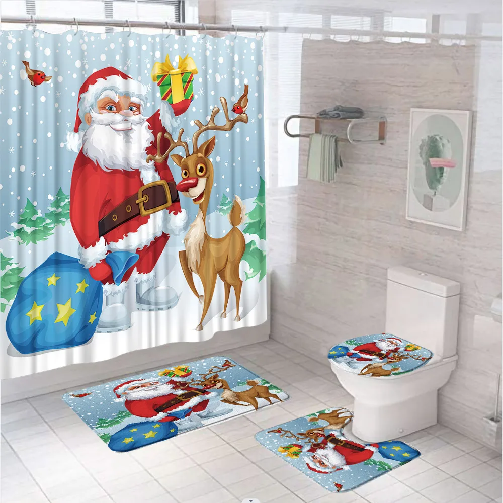 

Christmas Santa Claus Shower Curtain Set Cute Reindeer Gift Bird Winter Snowflake Bathroom Curtain Bath Mat Rug Toilet Lid Cover