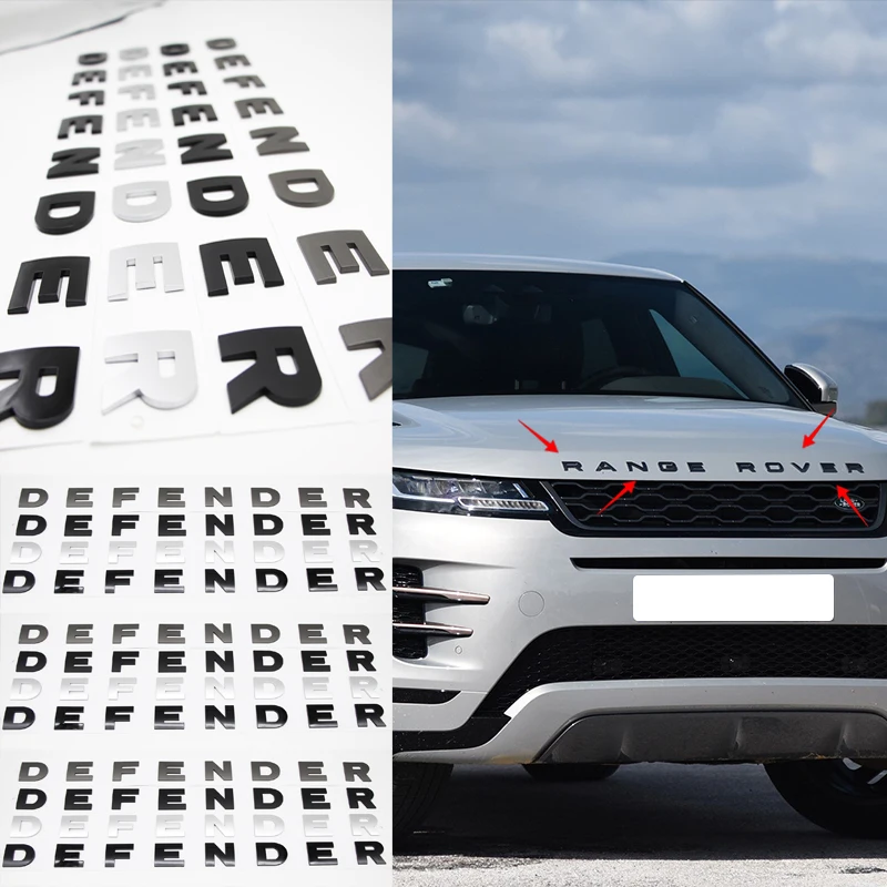 Car Letter Sticker DEFENDER Letter 3D Logo Sticker Decal For Land Rover Defender Range Rover Evoque SV SVR Velar Car Decoration