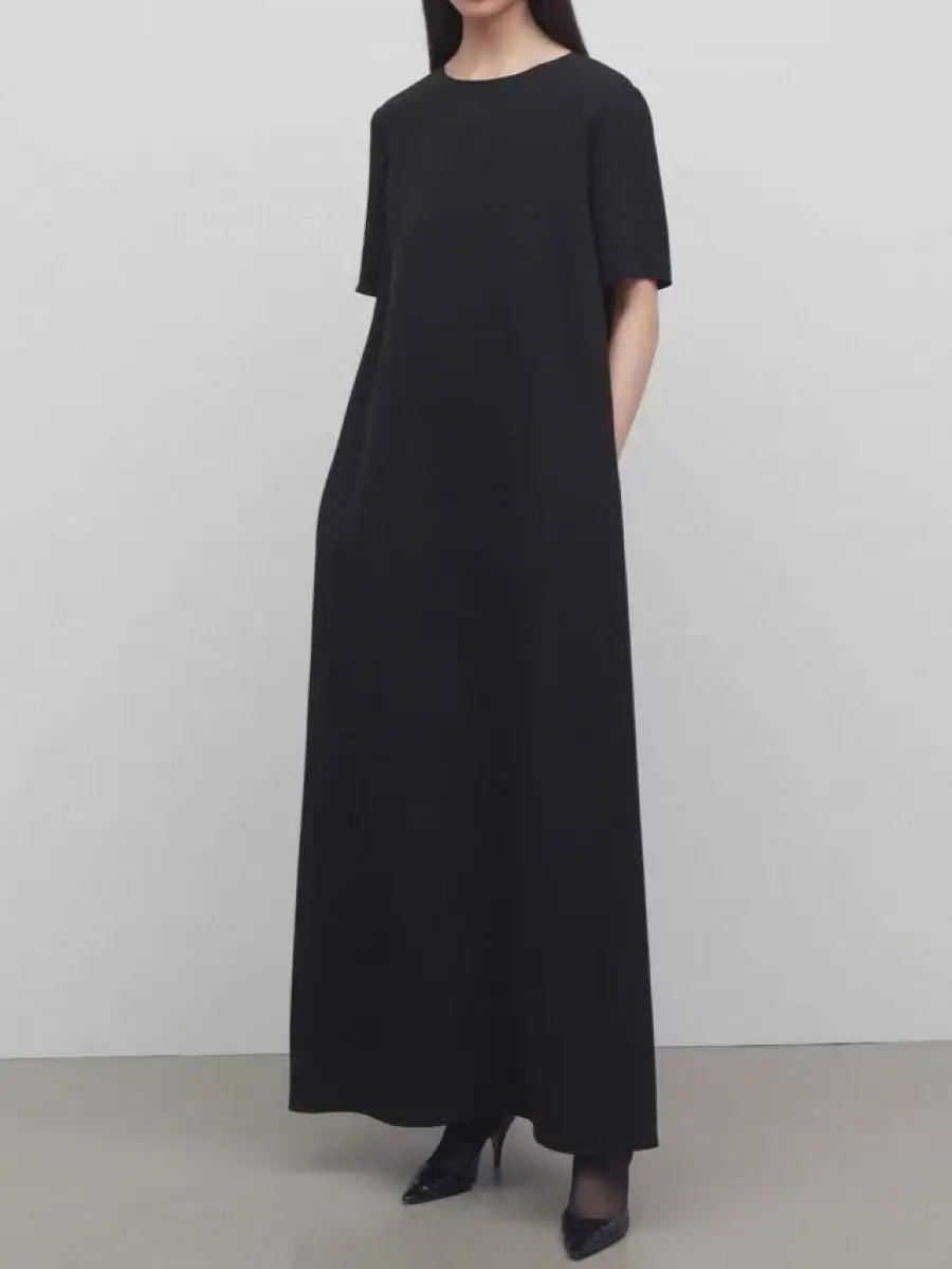 

Women Black Long Dress Round Neck Short Sleeve Straight Loose Female Robe