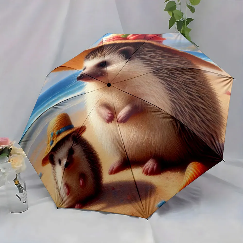 1PC Whimsical Hedgehogs Enjoying a Day at the Beach Print 8 Iron Ribs Folding Umbrella Auto-Open Fashion Sunshade