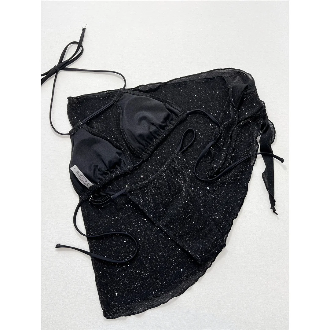 Glitzernder, schillernder Bikini mit Sarong-Oberteil, Damen-Badeanzug, dreiteiliges Bikini-Set, Badebekleidung, Badeanzug, Modell V4669. – Detail 25