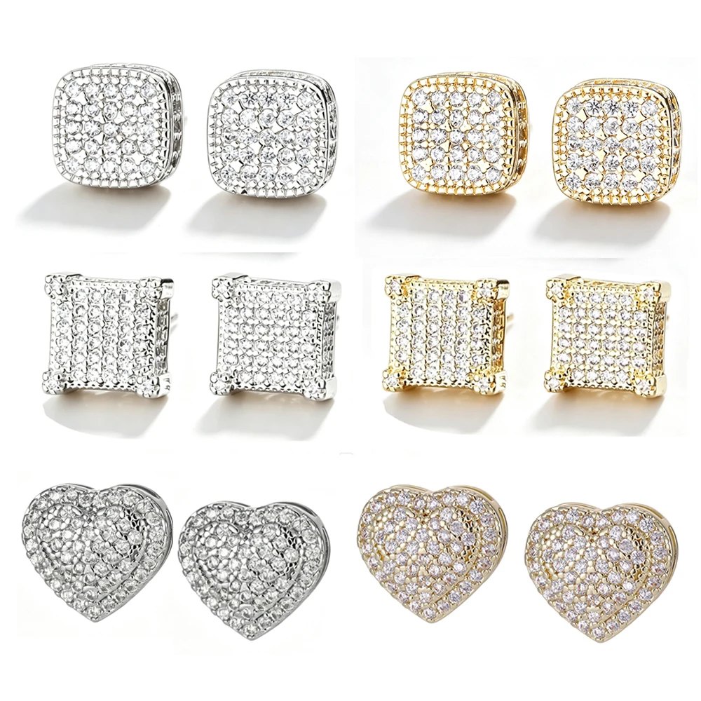 ZAKOL, juego de 6 pendientes de estilo hip-hop con incrustaciones de circonitas cúbicas, diseño cuadrado y en forma de corazón, accesorios para perforaciones en la oreja, joyería de moda estilo hippie y rock.