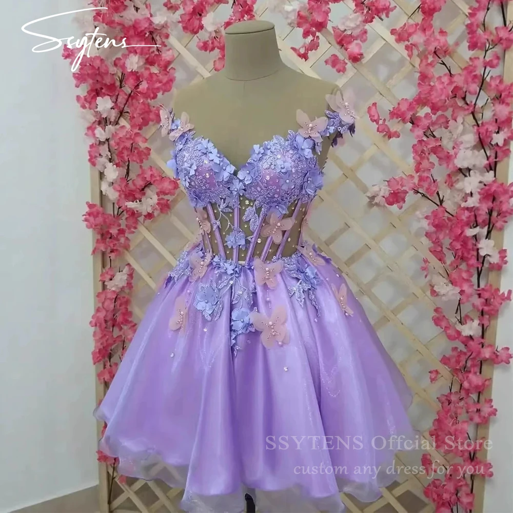 

SSYTENS Lilac Short Homecoming Dresses for Teens Off Shoulder Prom Dress for Quinceanera Puffy Tulle Short Prom Gown Customized