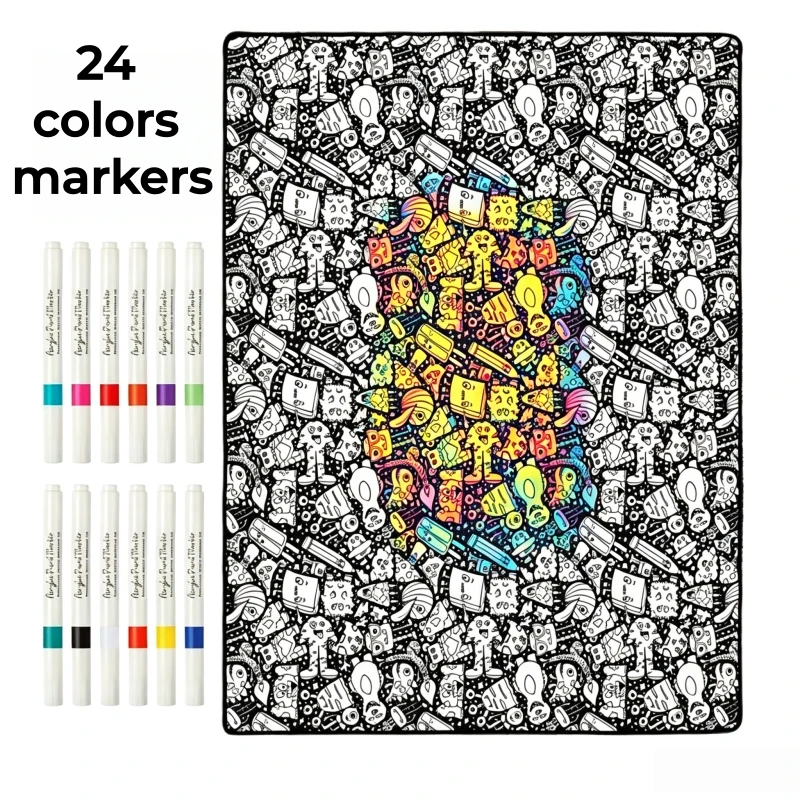 DIY Coloring Blanket with 24 Colors Markers, 125x156cm Washable Cozy Velvet Throw Giant Doodle Colored Blanket for Living Room