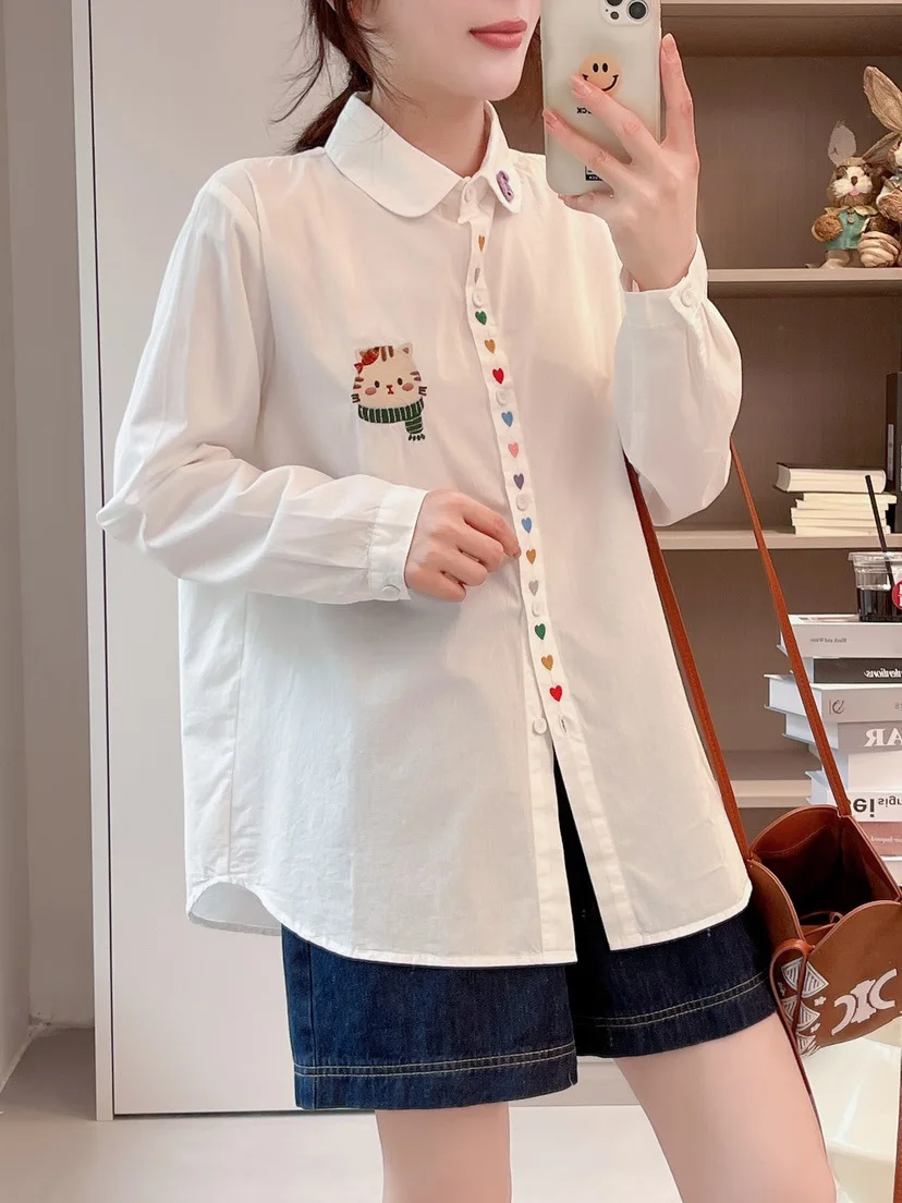 New Autumn Cotton Embroidery Shirts Women Lapel Collar Tops Girl Long Sleeve Striped Loose Blouses Versatile Spring T39718QC