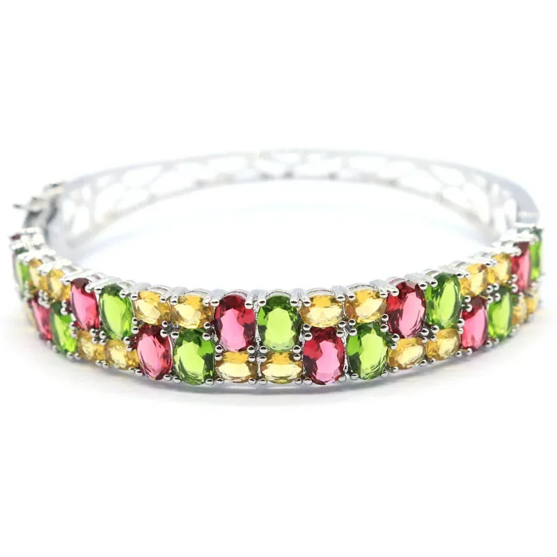 Buy 5 Get 1 Free 65x12mm Beautiful Red Ruby Green Tsavorite Garnet Swiss Blue Topaz Kunzite Women Silver Bangle Bracelet 7.5inch