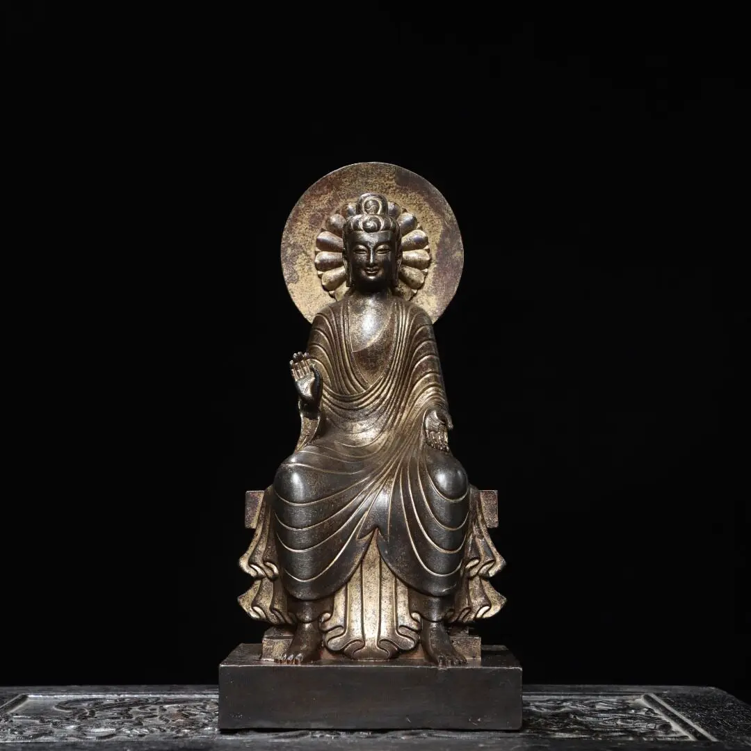Tibetan brass gilt Northern Wei Sakyamuni Buddha ornament Home Buddhist Hall Indoor desktop incense case supplies 27cm