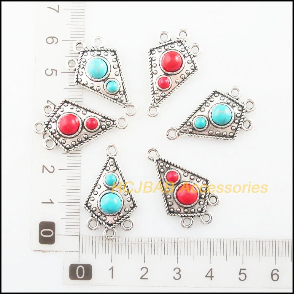 Fashion 10Pcs Retro Tibetan Silver Tone Flower Shield Blue&Red Stone Charms Connectors 17x29.5mm
