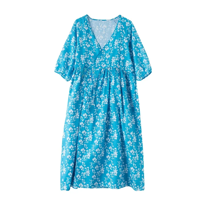 Niebieska spódnica midi z nadrukiem białych lodowych kwiatów, damska, letnia, nowa, z paskiem, długa spódnica plus size, kwiecista, cienka, z włókna poliestrowego.