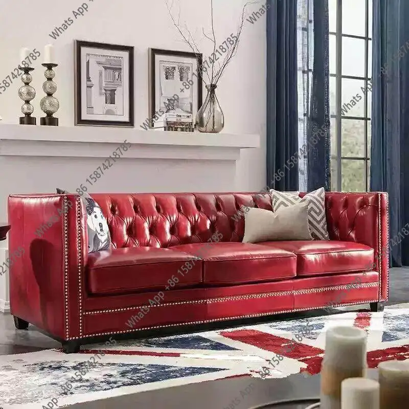 American old leather small apartment light luxury retro red rivets simple hotel buckle combination double triple sofa