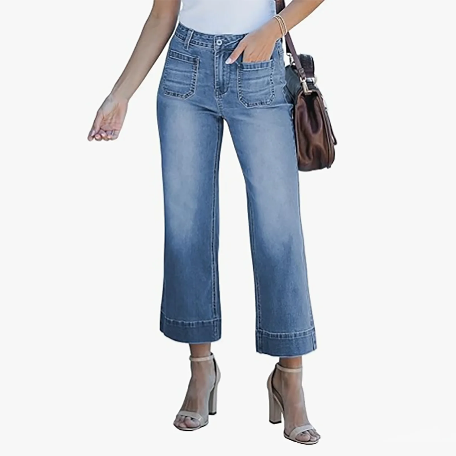 

Women'S High-Waisted Wide-Leg Trend Jeans Baggy Pocket Fashion Casual Flare Pants Women'S Simple All-In-One Commuter Wear